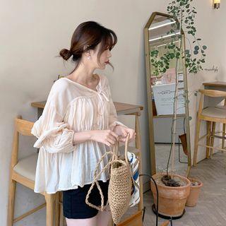 Beribboned Flared Sheer Blouse Beige - One Size