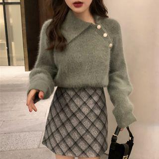Button Cardigan / Plaid Mini A-line Skirt
