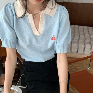 Short-sleeve V-neck Cherry Embroidered Knit Cropped Top Light Blue - One Size