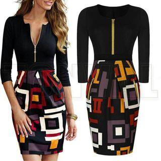 Zip Front Patterned 3/4 Sleeve Dress