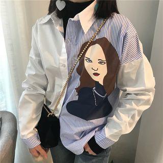 Print Pinstripe Panel Long-sleeve Blouse