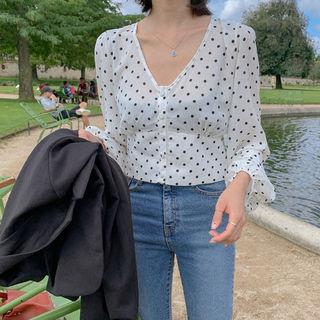 Bishop-sleeve Polka-dot Cropped Blouse