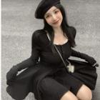 Long-sleeve Henley Lace Trim Mini A-line Dress Black - One Size