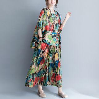 Set: Patterned Elbow Sleeve T-shirt + Wide Leg Pants