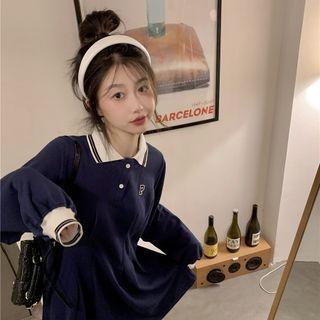 Lettering Mini A-line Polo Sweatshirt Dress Dark Blue - One Size