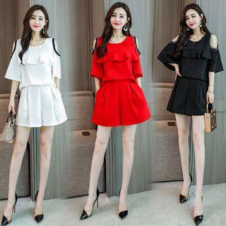 Set: Cut Out Shoulder Ruffle Trim Elbow Sleeve Top + Wide Leg Shorts