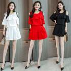 Set: Cut Out Shoulder Ruffle Trim Elbow Sleeve Top + Wide Leg Shorts