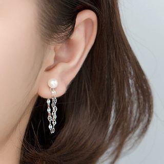 Faux Pearl Chain Earring 1 Pair - With Back Stopper - Silver - One Size