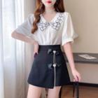 Set: Short-sleeve Flower Embroidered Shirt + Bow Accent Shorts