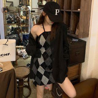 Spaghetti Strap Argyle Knit Dress / Camisole Top / Blazer