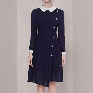 Long-sleeve Collared Asymmetrical Button-up A-line Chiffon Dress