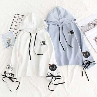 Cat Print Hooded Long-sleeve T-shirt