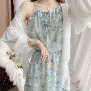 Spaghetti-strap Floral Print Midi A-line Dress / Chiffon Cover-up