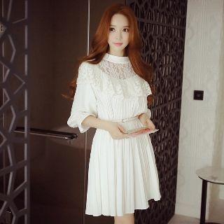 Mock Neck Lace Panel Pleated A-line Dress