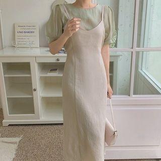 Puff-sleeve Top / Spaghetti Strap Midi A-line Dress / Set
