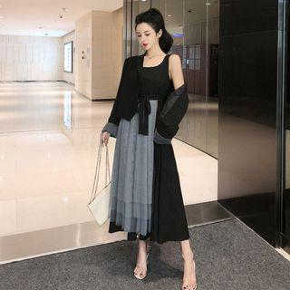 Plain Blazer / Sleeveless Pleated Midi Dress