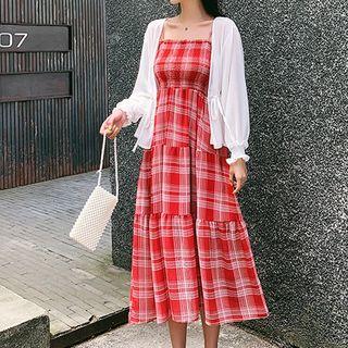 Set: Lace Up Light Jacket + Plaid Spaghetti Strap Midi A-line Dress
