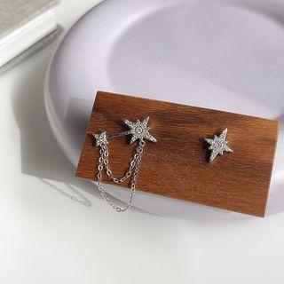 Star Rhinestone Asymmetrical Earring 1 Pair - E324 - Star Asymmetry Earrings - Silver - One Size