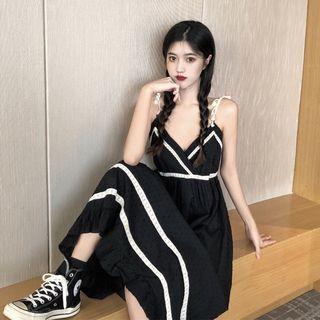 Color-block V-neck Sleeveless Dress Black - One Size