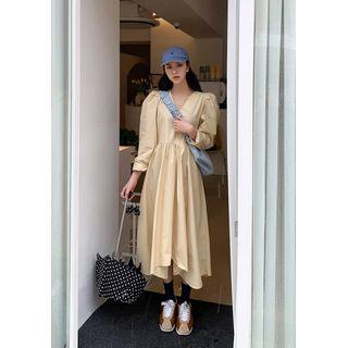 Puff-shoulder Midi Swing Dress