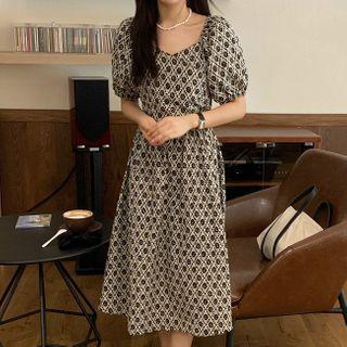 Printed Puff-sleeve Cutout-back Midi A-line Dress Black - One Size