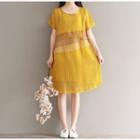 Color Panel Pleated Short Sleeve Dress With Slipdress