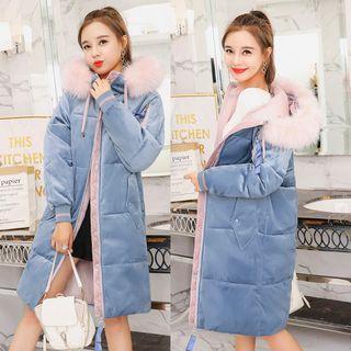 Velvet Furry Trim Hooded Padded Coat