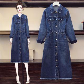 Long-sleeve Gather Waist Denim Dress