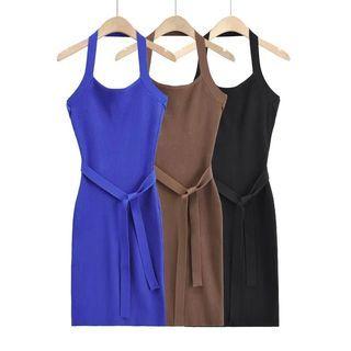 Spaghetti-strap Halter Neck Knit Sheath Dress