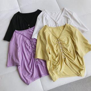 Button-down V-neck Knit Short Sleeve T-shirt