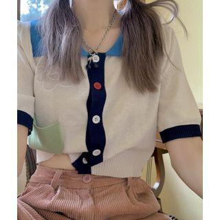 Short-sleeve Collared Knit Top White & Blue - One Size