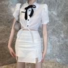 Short-sleeve Tie-hem Cropped Blouse / Slit Mini Pencil Skirt