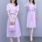 Plain Short-sleeve Tie-waist Midi A-line Dress