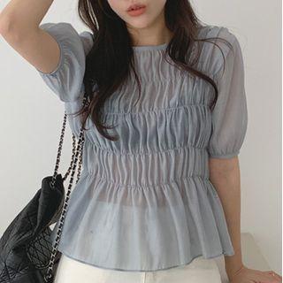 Ruched Short-sleeve Peplum Chiffon Blouse