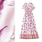 Feather Print Short-sleeve Maxi A-line Dress
