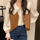 Puff-sleeve Peter Pan Collar Shirt / Faux Leather Single-breasted Vest