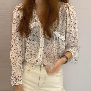 Flower Print Lace Trim Blouse Almond - One Size