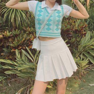 Cropped Color-block Plaid Knit Sleeveless Top