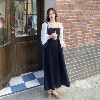 Puff-sleeve Square-neck Two Tone A-line Dress