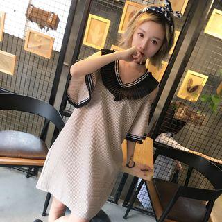 Gingham Pleated Trim Elbow Sleeve Dress