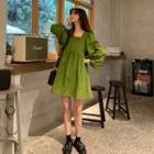 Long-sleeve Square Neck A-line Dress Green - One Size