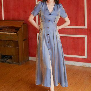 Short-sleeve Button Midi A-line Satin Dress