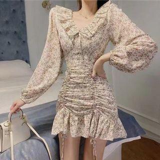 Long-sleeve Drawstring Floral Mini Mermaid Dress