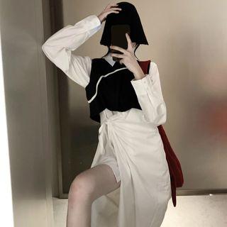 Cropped Vest / Side-tie Asymmetric Midi Shirtdress