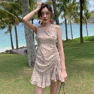 Flower Print Drawstring Sleeveless Mini A-line Dress