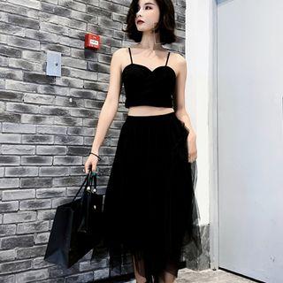 Set: Spaghetti-strap Crop Top + Asymmetric Midi Mesh Skirt