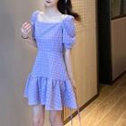 Plaid Short-sleeve Square Neck A-line Mini Dress
