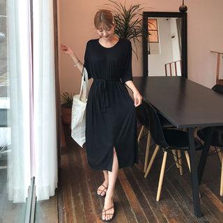 Tie-waist Silky Long T-shirt Dress