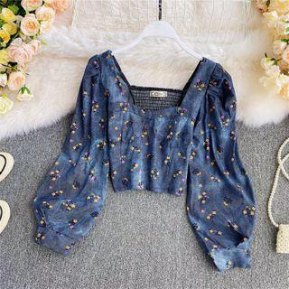 Square-neck Floral Print Denim Blouse