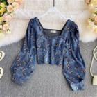 Square-neck Floral Print Denim Blouse